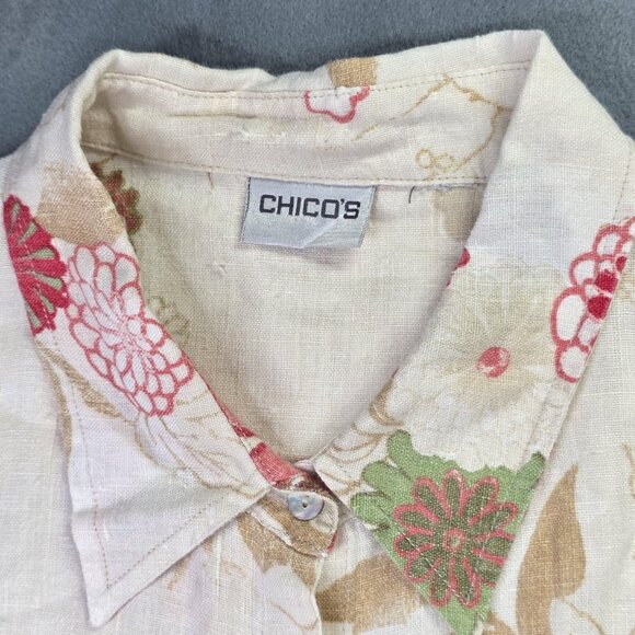 Chicos Shirt Womens 4 US 1XL Beige Floral Linen Button Front Long Sleeve Casual - Picture 3 of 9